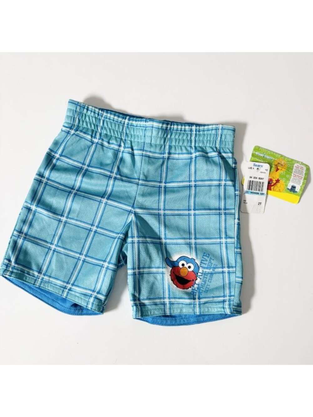 NWT Vintage Y2K Sears Sesame Street Elmo Patch Swim Trunks Plaid Blue Toddler 2T